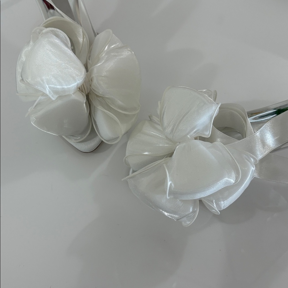 Badgley Mischka White Satin Heels with Ribbon Accent - Picture 10 of 15